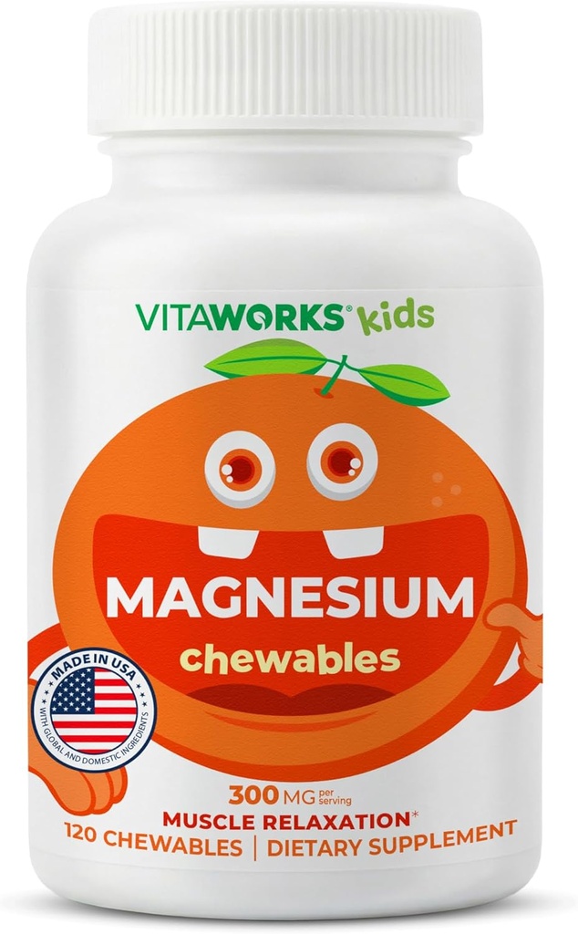 Kids Magnesium Chewable | Great Tasting | 300mg Magnesium Supplement | Vegan, Non GMO and Gluten Free Magnesium Oxide Supplement | for Muscle Function | 120 Chewables | Vitaworks 2