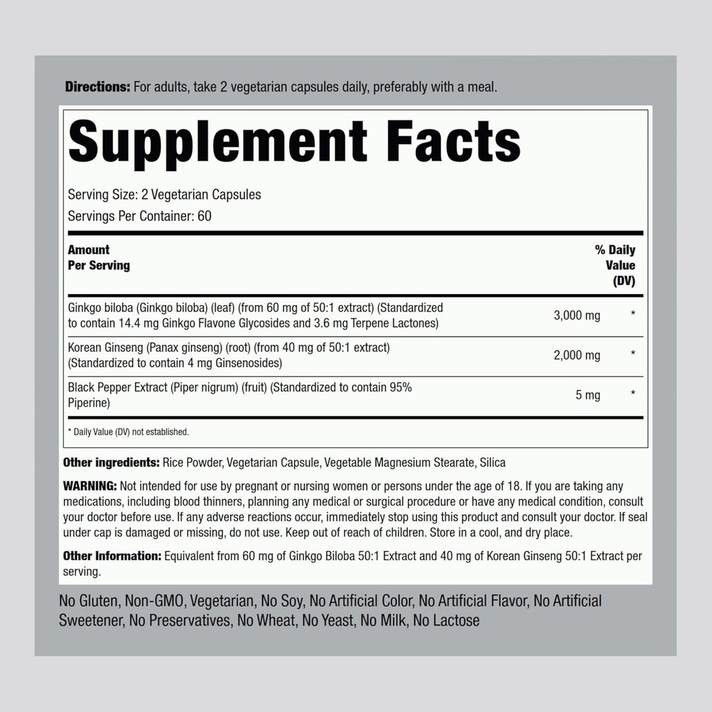Piping Rock Panax Ginseng & Ginkgo Biloba Supplement | 5000 mg | 120 Capsules | with Black Pepper Extract | Vegetarian, Non-GMO, and Gluten Free Supplement 3