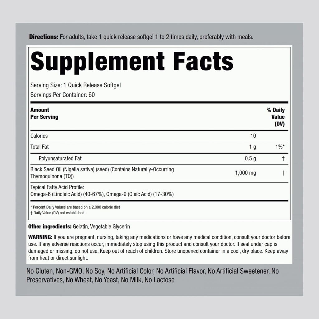 Piping Rock Black Seed Oil Softgel Capsules | 1000mg | 60 Pills | Cold Pressed Solvent Free | Non GMO, Gluten Free Supplement 3