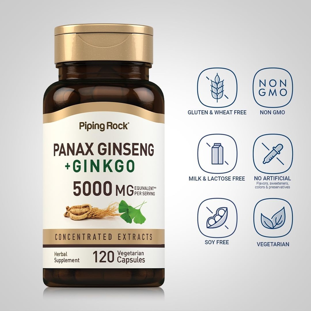 Piping Rock Panax Ginseng & Ginkgo Biloba Supplement | 5000 mg | 120 Capsules | with Black Pepper Extract | Vegetarian, Non-GMO, and Gluten Free Supplement 4