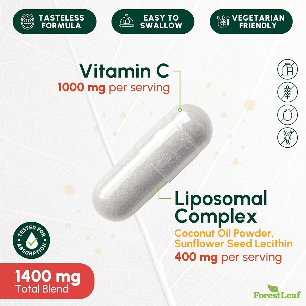 ForestLeaf Liposomal Vitamin C 1000mg Capsules | High Dose Vitamin C Liposomal Supplement w Coconut Oil Fatty Acids | Fast Absorption | Immune Support, Antioxidant, Collagen Production | 120 Vegan Cap 3