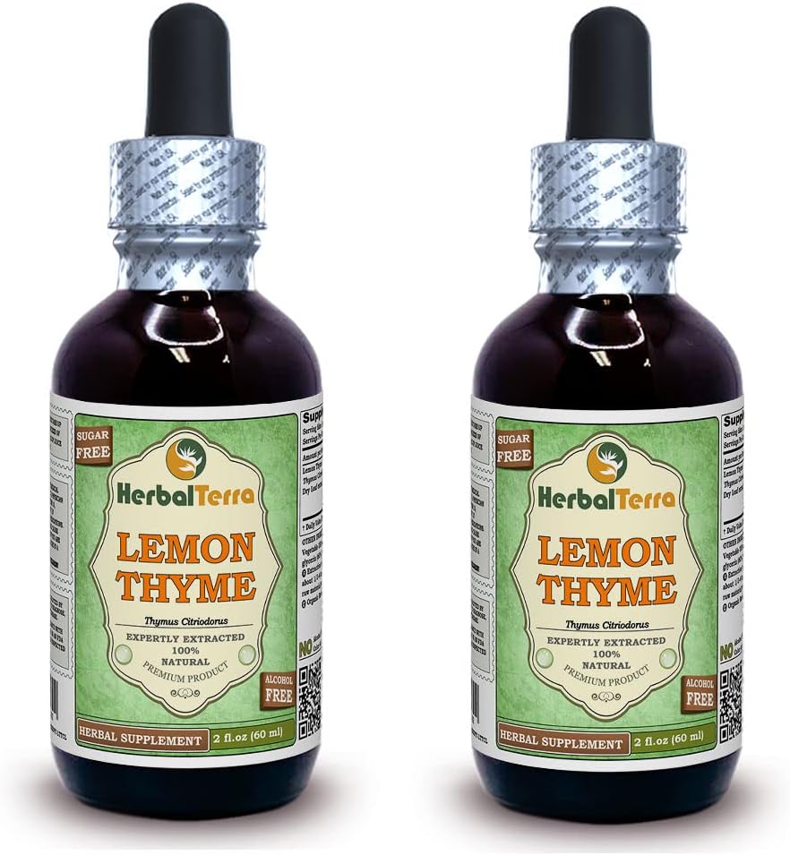 Lemon Thyme (Thymus x Citriodorus) Glycerite, Organic Dried Herb Alcohol-Free Liquid Extract (Brand Name: HerbalTerra, Proudly Made in USA) 2 fl.oz (60 ml) 5
