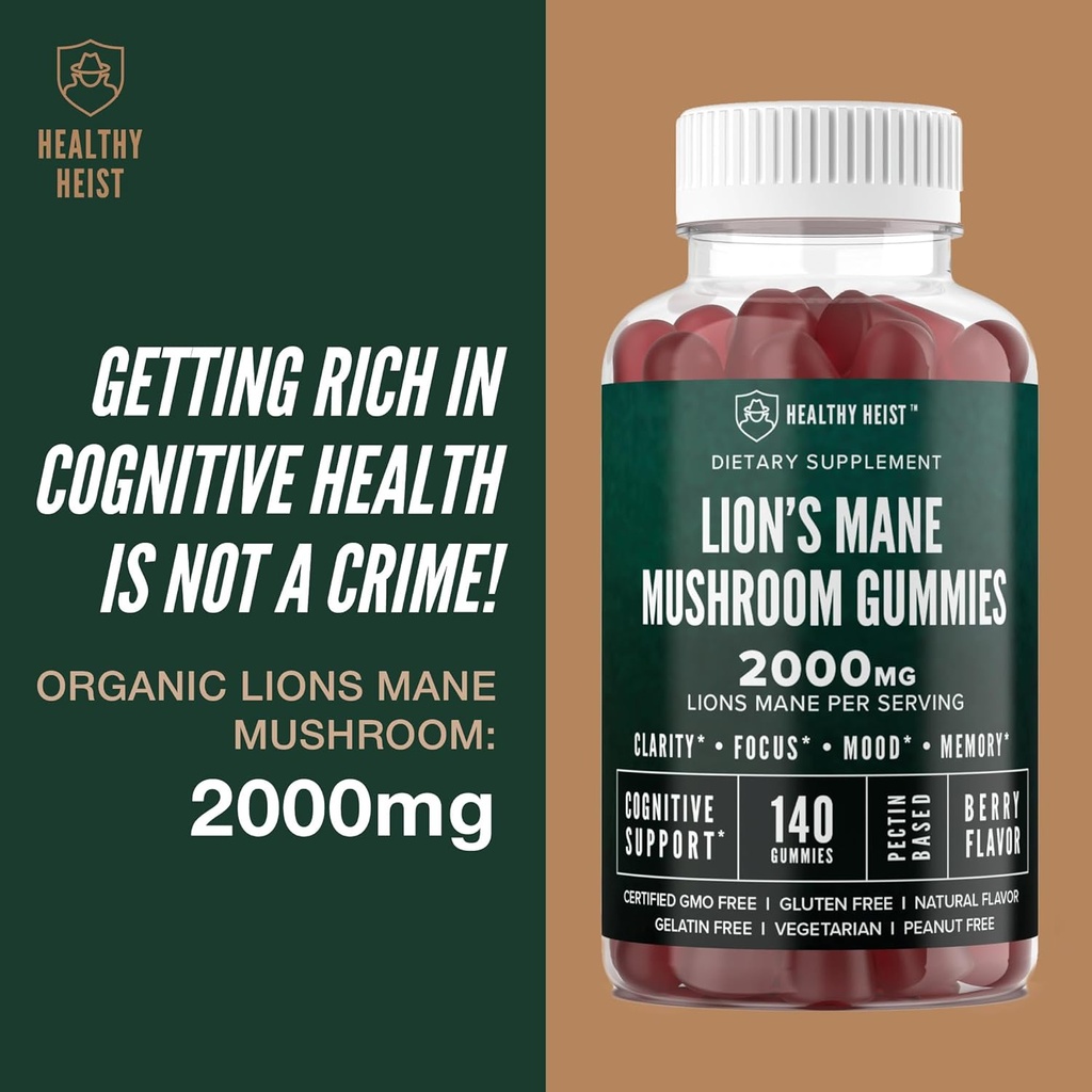Lions Mane Mushroom Gummies for Adults, 140 Count Bulk Lion's Mane Chewables, High Potency 10:1 Organic Extract amounts to 2000mg, Supplement Supports Mental Clarity, Focus, Mood and Brain Fog 5