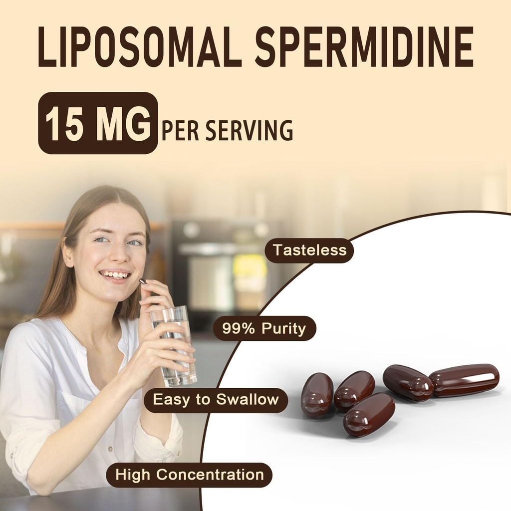 Spermidine Supplement 15 MG - 99% Purity, High Absorption, 1500 MG Fermented Wheat Germ Extract with Zinc & Thiamin, Spermidine for Men & Women - Cellular Renewal, Aging Defense, Energy, 180 Softgels 5