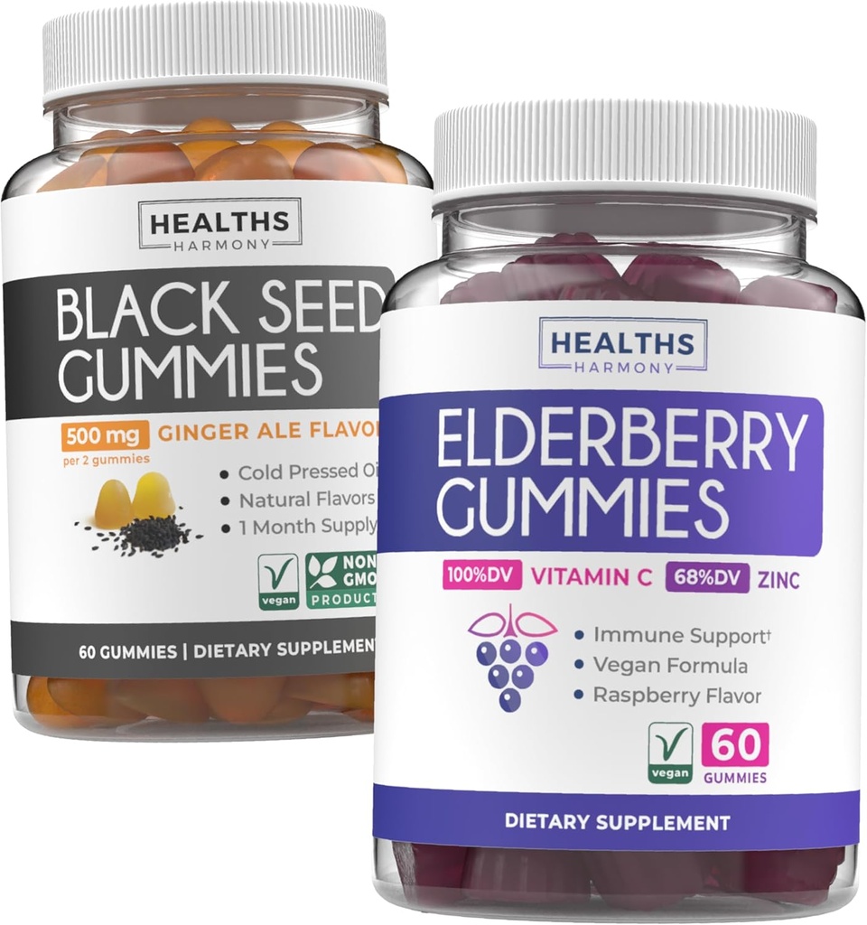 Black Seed Oil Gummies & Elderberry Gummies (1-Month Supply) Immune Boost Bites Bundles - Black Seed Oil Gummies Ginger Ale Flavor Cold-Pressed Nigella Sativa & Elderberry Gummies for Adults 2