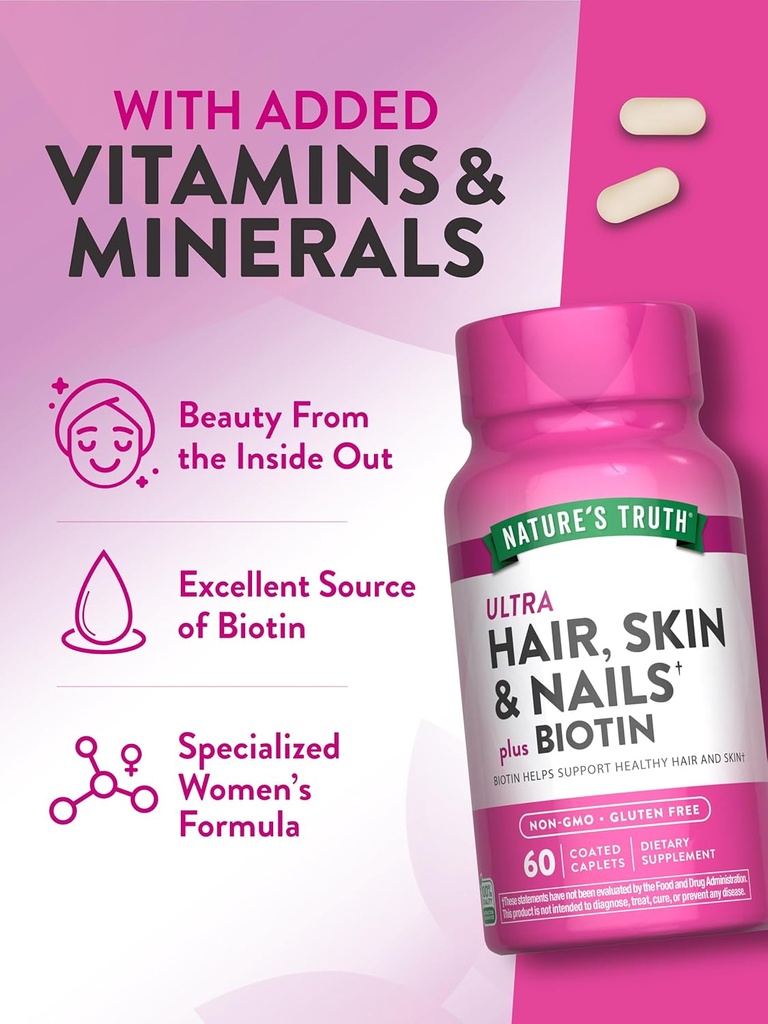 Nature's Truth Hair Skin and Nails | 60 Caplets | Plus 5,000 mcg Biotin | Non-GMO & Gluten Free Supplement 6