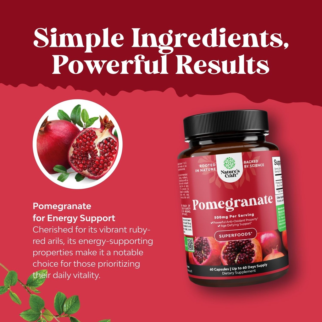 Pomegranate Extract Capsules Antioxidant Supplement - Natural Pomegranate Capsules for Heart Health Joint Support and Pre Workout for Men and Women - Nitric Oxide Supplement with Brain Health Vitamins 6