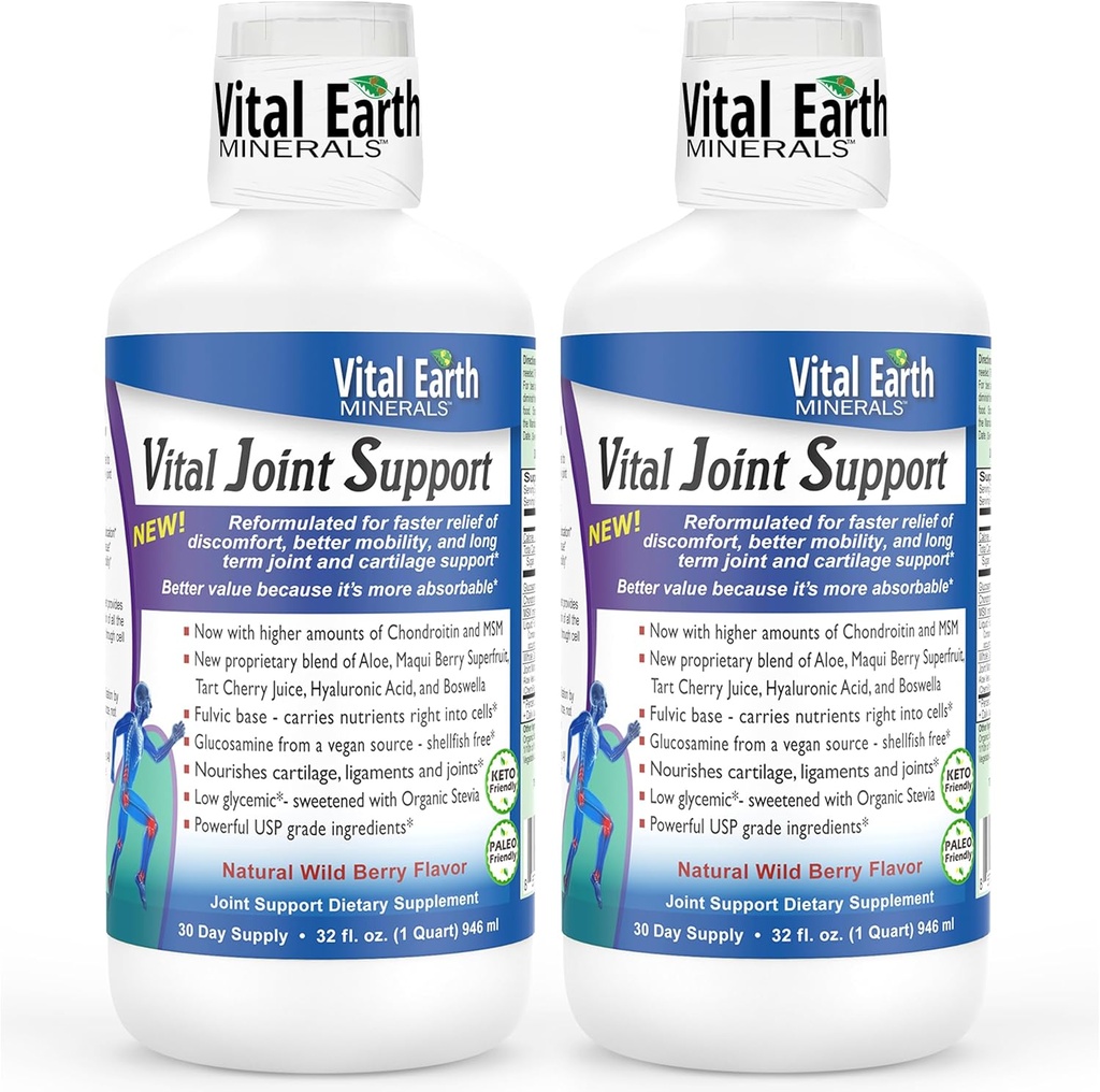 Vital Earth Liquid Joint Support Supplement 2-Pack – Glucosamine, Chondroitin, MSM Plus Hyaluronic Acid, Boswellia & Fulvic Acid (70+ Trace Minerals), 32 Oz Ea 2