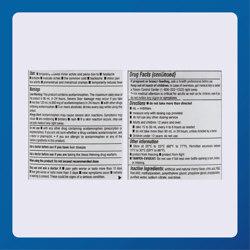 MAJOR Adult Extra Strength Liquid Acetaminophen 500mg - Helps Relieve Pain and Reduce Fevers - Aspirin Free - Cherry Flavor - 8 Fl Oz (1 Pack) 6