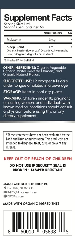 DropRx Sleep by Dr. Nicole Saphier – Melatonin Drops with Passion Flower, Ashwagandha & Magnolia Bark Extract – Organic, Non-GMO, Vegan, Gluten-Free, Kosher – Made in USA (2 Fl Oz) 4