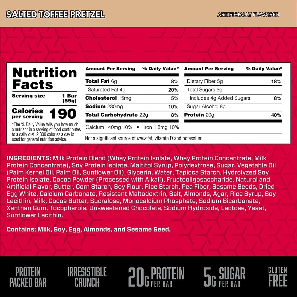 BSN Protein Crisp Bar, Salted Toffee Pretzel, 20 Gram Protein Snack Bars with Whey and Fiber, Gluten-Free Crunchy Energy Bars for Workout, Fitness, On-the-Go, 12 Count 4