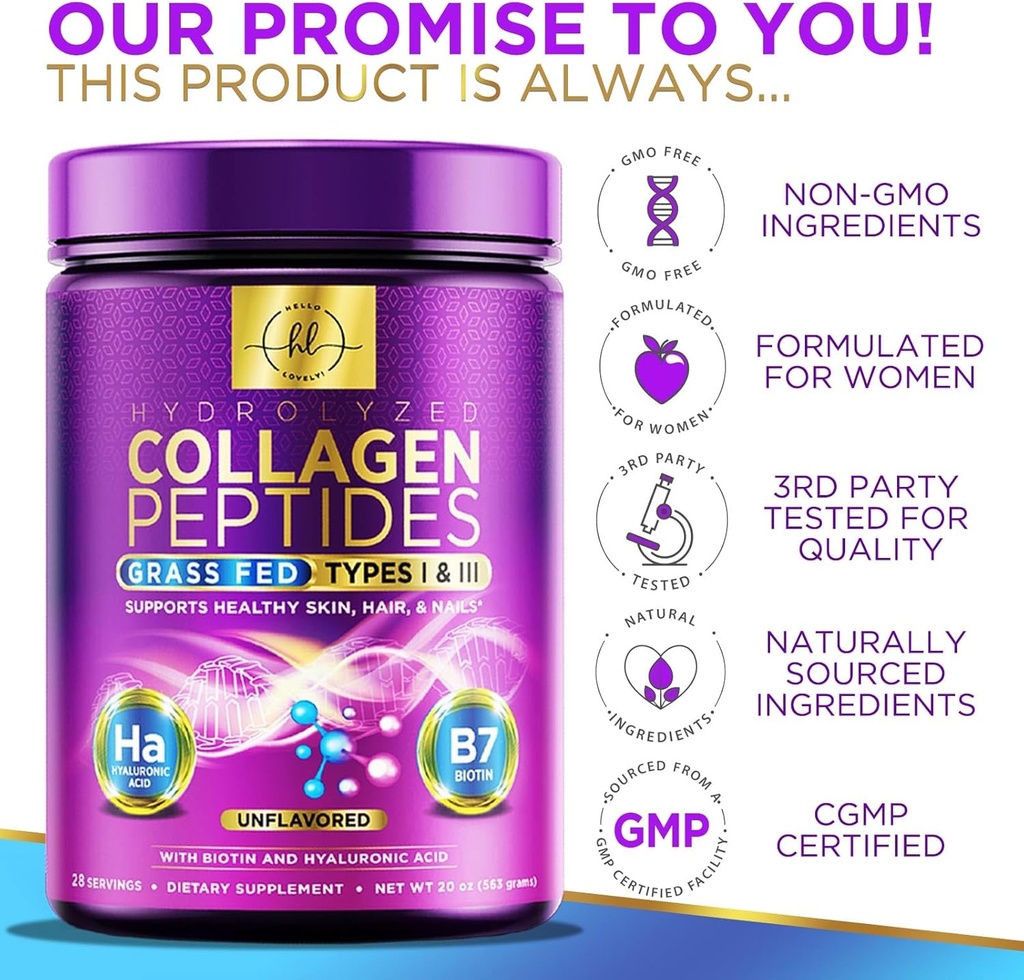 Collagen Peptides Powder 20G with Hyaluronic Acid & Biotin, Unflavored Grass Fed Hydrolyzed Powder Type I & III - Supports Hair, Nail, Skin, Bone & Joint - Best Collagen Supplements - 28 Servings 5