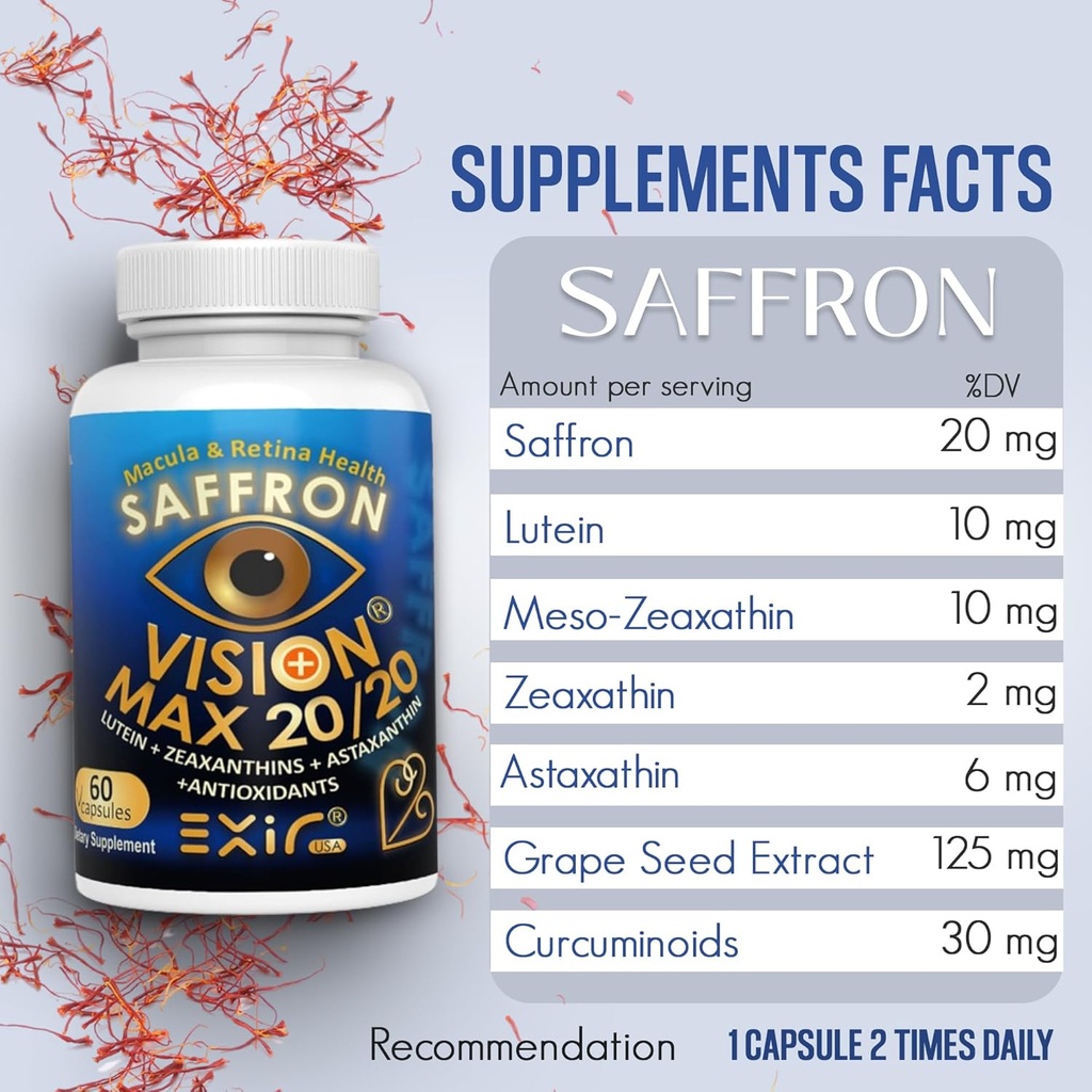 EXIR Eye Vitamins Lutein, Saffron Astaxanthin, Zeaxanthin, Grape Seed, Turmeric Supplement for Floaters, Strain, Pressure, Night Vision, VM20-60 Capsules 3