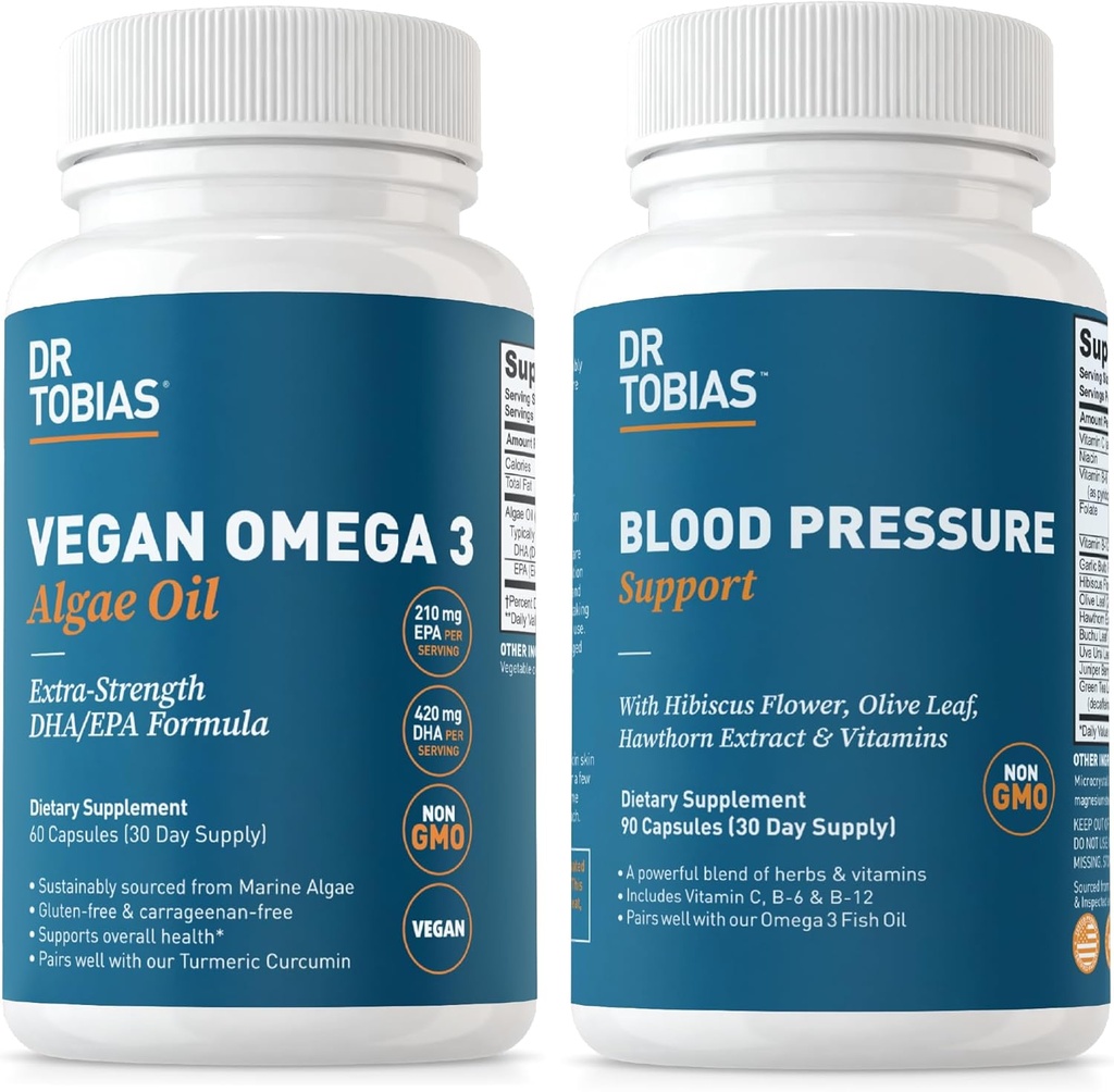 Dr. Tobias Vegan Omega 3 Algae Oil and Blood Pressure Support Supplement, Supports Normal Circulatory Health, Gut Immune Function and Overall Wellness, Non-GMO 2