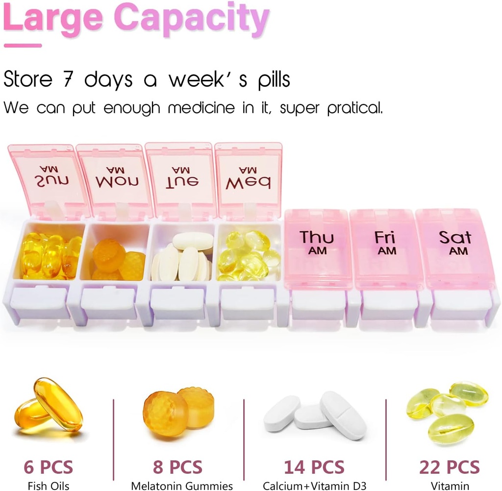 MOLN HYMY Weekly Pill Boxes and Organizer 2 Times a Day, 7 Day AM PM Pill Case Two Week, 14 Large Compartments Pill Dispenser to Hold Medication, Vitamins (Pink+Blue) 5