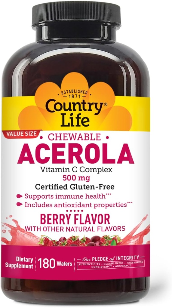 Country Life Acerola Vitamin C Complex, 500mg, Chewable Berry Flavored Wafers, Supports Immune Health, 180 Wafers, Certified Gluten Free by GFCO , Certified Vegan by AVA 2