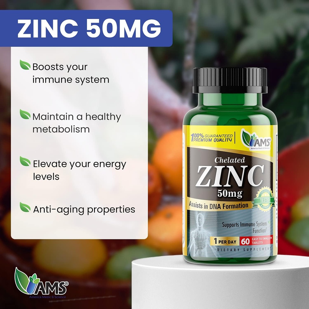 America Medic & Science Chelated Zinc 50 mg Supplements (1 Pack of 60 Tablets) Immune Booster and Powerful Antioxidant Pills for Adults Men and Women | Highly Absorbable Mineral, Improves Mood & Sleep 3