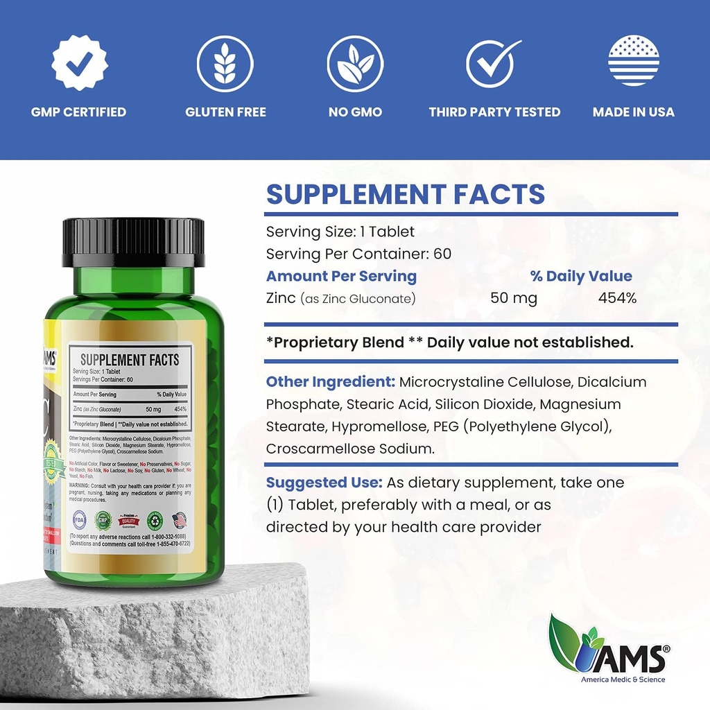 America Medic & Science Chelated Zinc 50 mg Supplements (1 Pack of 60 Tablets) Immune Booster and Powerful Antioxidant Pills for Adults Men and Women | Highly Absorbable Mineral, Improves Mood & Sleep 6