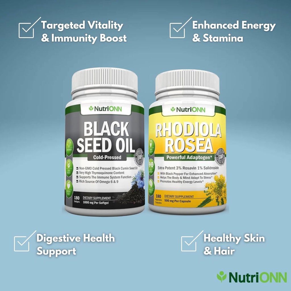 Black Seed Oil Softgels & Rhodiola Rosea Capsules - Targeted Vitality and Immunity Boost 3