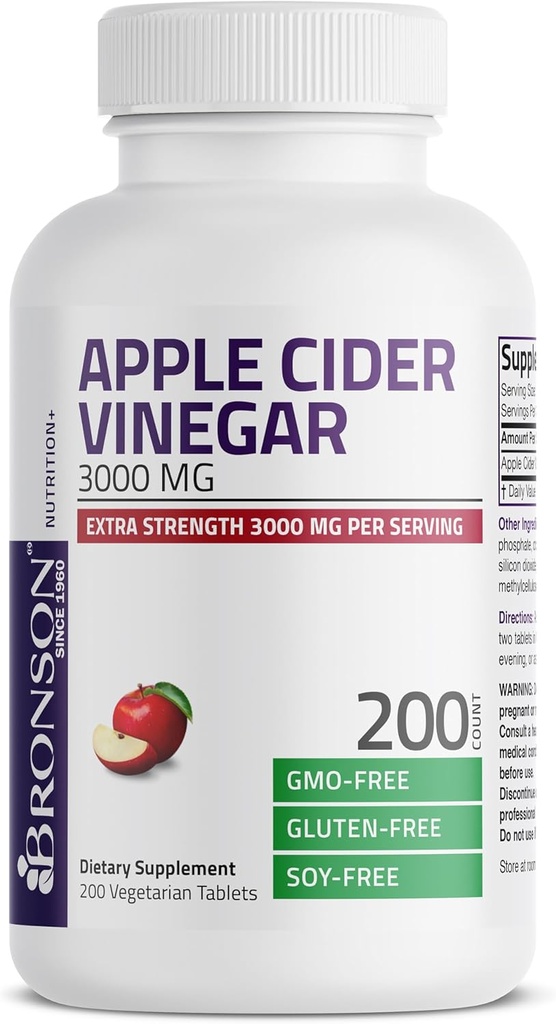 Bronson Apple Cider Vinegar 3000 MG per Serving Extra Strength - Non-GMO, 200 Vegetarian Tablets 6