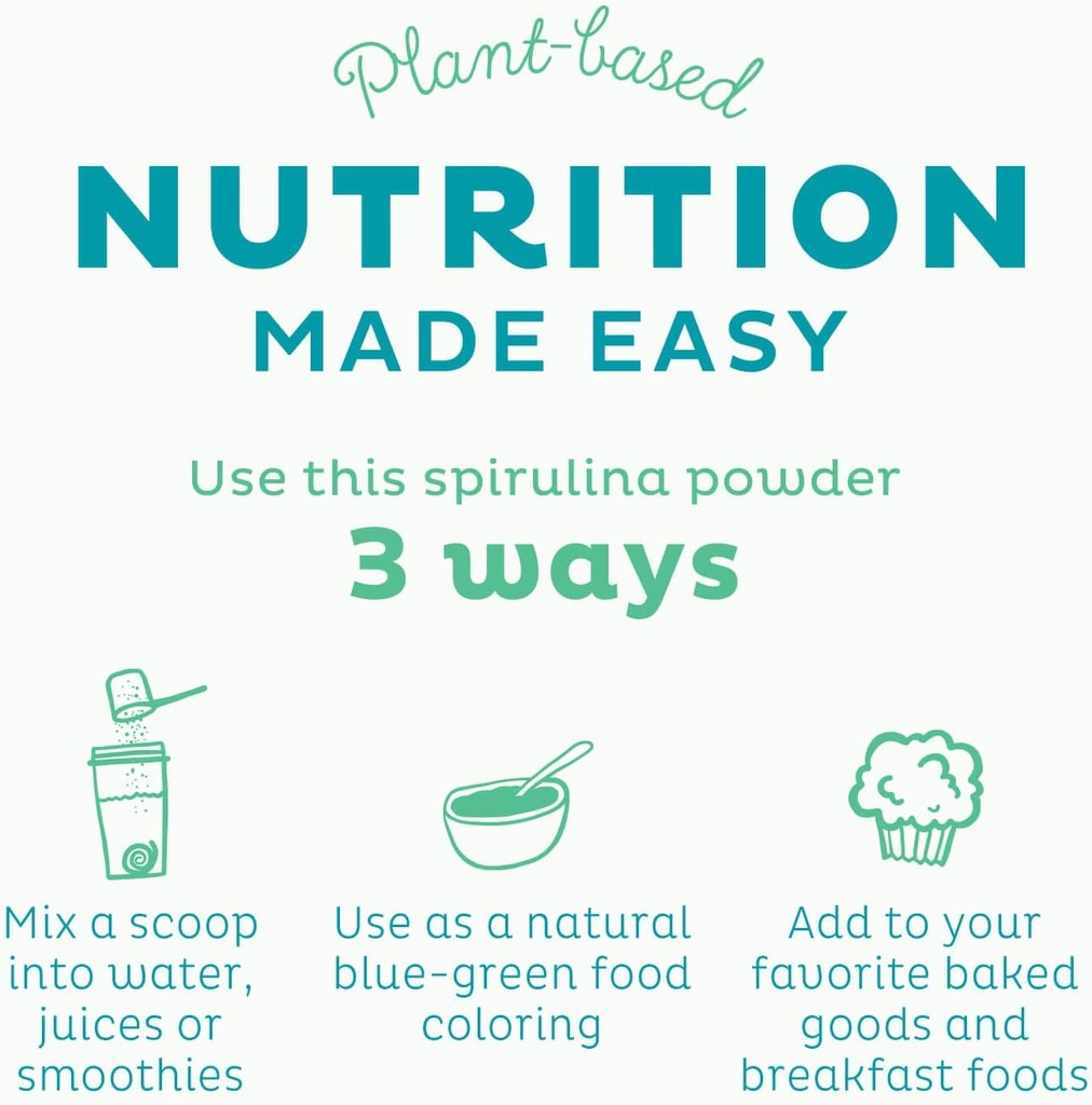 KOS USDA Organic Spirulina Powder, Natural Taste - 100% Pure, Non-Irradiated Vegan Green Blue Spirulina Superfood Powder, Plant Based - Rich in Protein, Vitamins, Antioxidants & Fiber, 60 Servings Bag 5