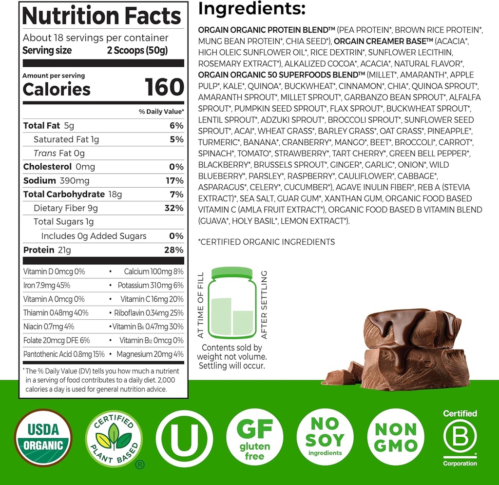 Orgain Organic Vegan Protein + 50 Superfoods Powder, Creamy Chocolate Fudge - 21g Plant Based Protein, 9g Prebiotic Fiber, No Lactose, Gluten Free, No Added Sugar, 2.02 lb (Packaging May Vary) 3