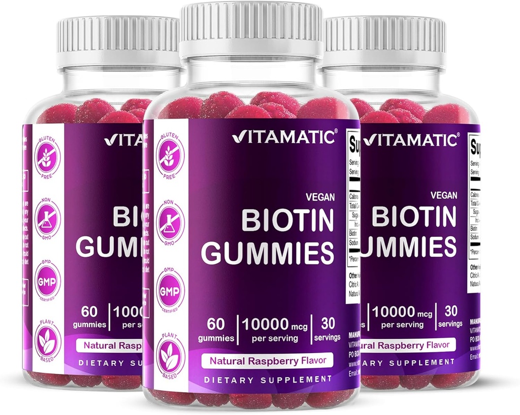Vitamatic Biotin Gummies 10,000 mcg for Stronger Hair, Skin & Nails - 60 Vegan Gummies - Also Called Vitamin B7 (3 Bottles) 2