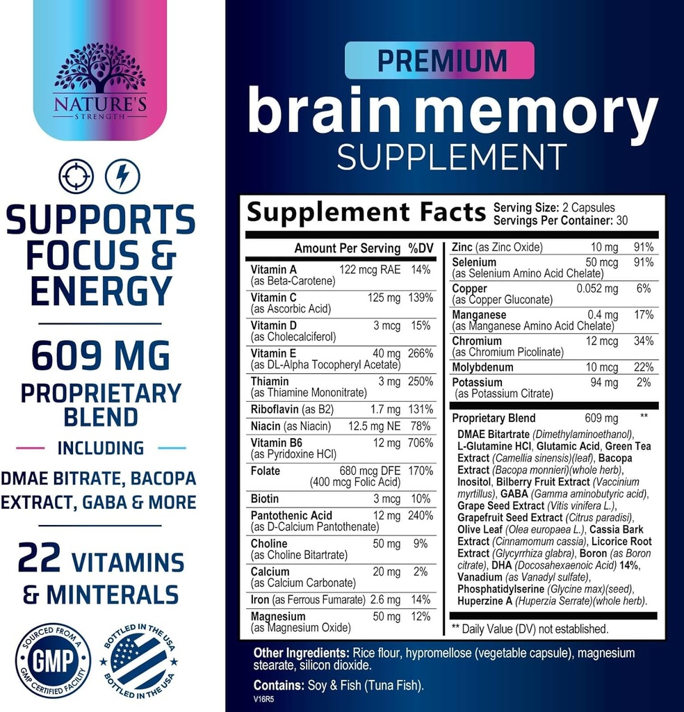 Brain Memory Supplement Pills - 3X Strength Nootropics for Concentration, Clarity & Focus Support - Brain Health Cognitive Vitamins with Bacopa, Phosphatidylserine & DMAE, Brain Booster - 60 Capsules 3