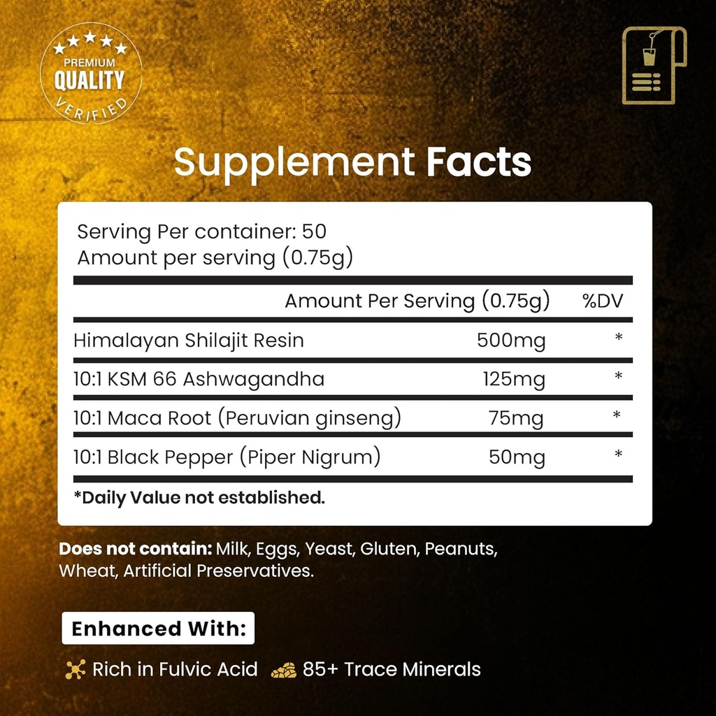 Pure Himalayan Organic Shilajit Resin Extract for Men & Women- 100% Natural Ashwagandha Black Pepper Shilajit Resin for Men Women Gold Ayurvedic,Fulvic Acid 85 + Trace Minerals, 50 Servings, 40 Grams 3