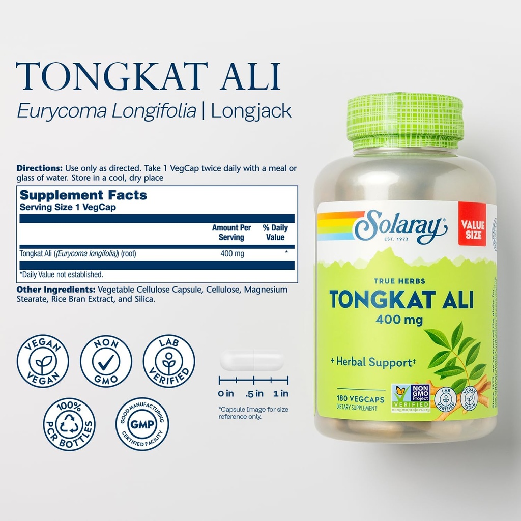 SOLARAY Tongkat Ali 400 mg - Longjack Tongkat Ali for Men - Herbal Support for Men's Health and Vitality - Vegan, Non-GMO, Lab Verified - 180 Servings, 180 VegCaps 3