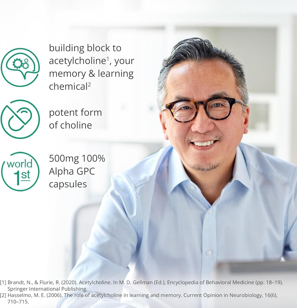 Acetylcholine Supplement | 99% Alpha GPC Capsules (60) | 1-a-Day | Memory, Focus Concentration Nootropic Brain Supplement | Acetylcholine Precursor | Alpha GPC Powder in Capsule | Lab-Tested 3