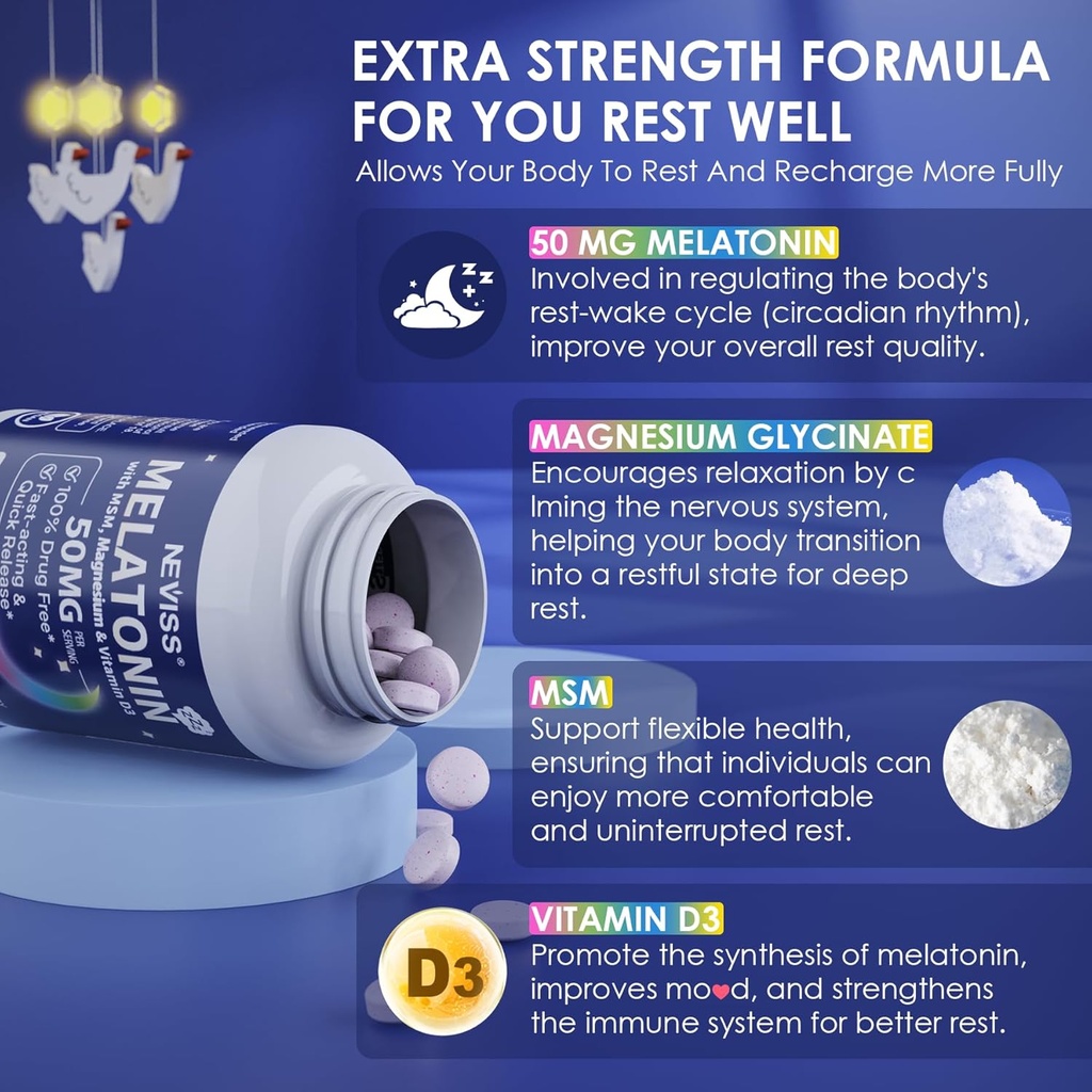 Melatonin 50 mg for Adults - Extra Strength 9-in-1 Fast Dissolve Sublingual - w/Vitamin D3 & MSM, Relaxing Herbal Blend-Ashwagandha, Lemon Balm, Passionflower,Chamomile,Sugar Free, Vegan 120 Servings 5