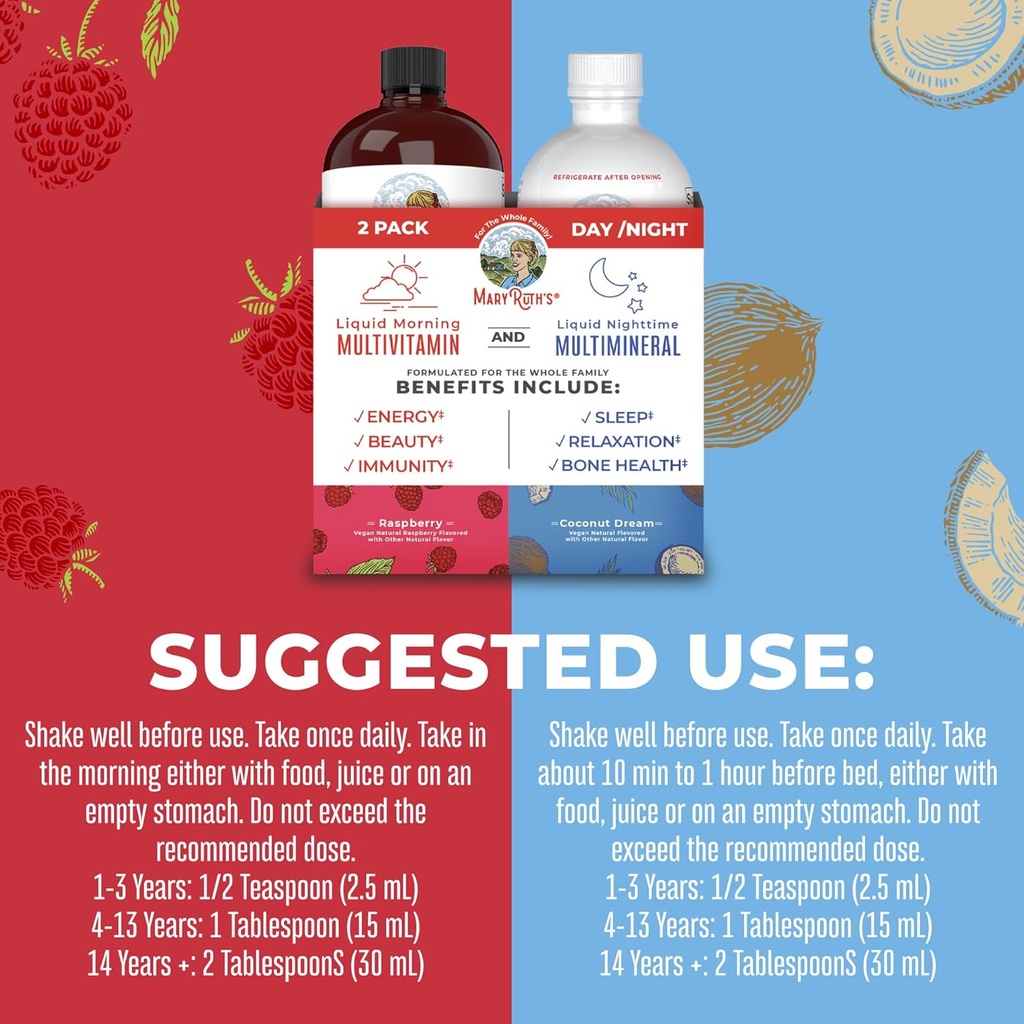 MaryRuth Organics Liquid Morning Multivitamin & Liquid Nighttime Multimineral Bundle, Vegan Vitamin C, Vitamin D, B Complex, Magnesium, Energy, Beauty, Sleep Support, NO Melatonin, 32 Fl Oz Each 6