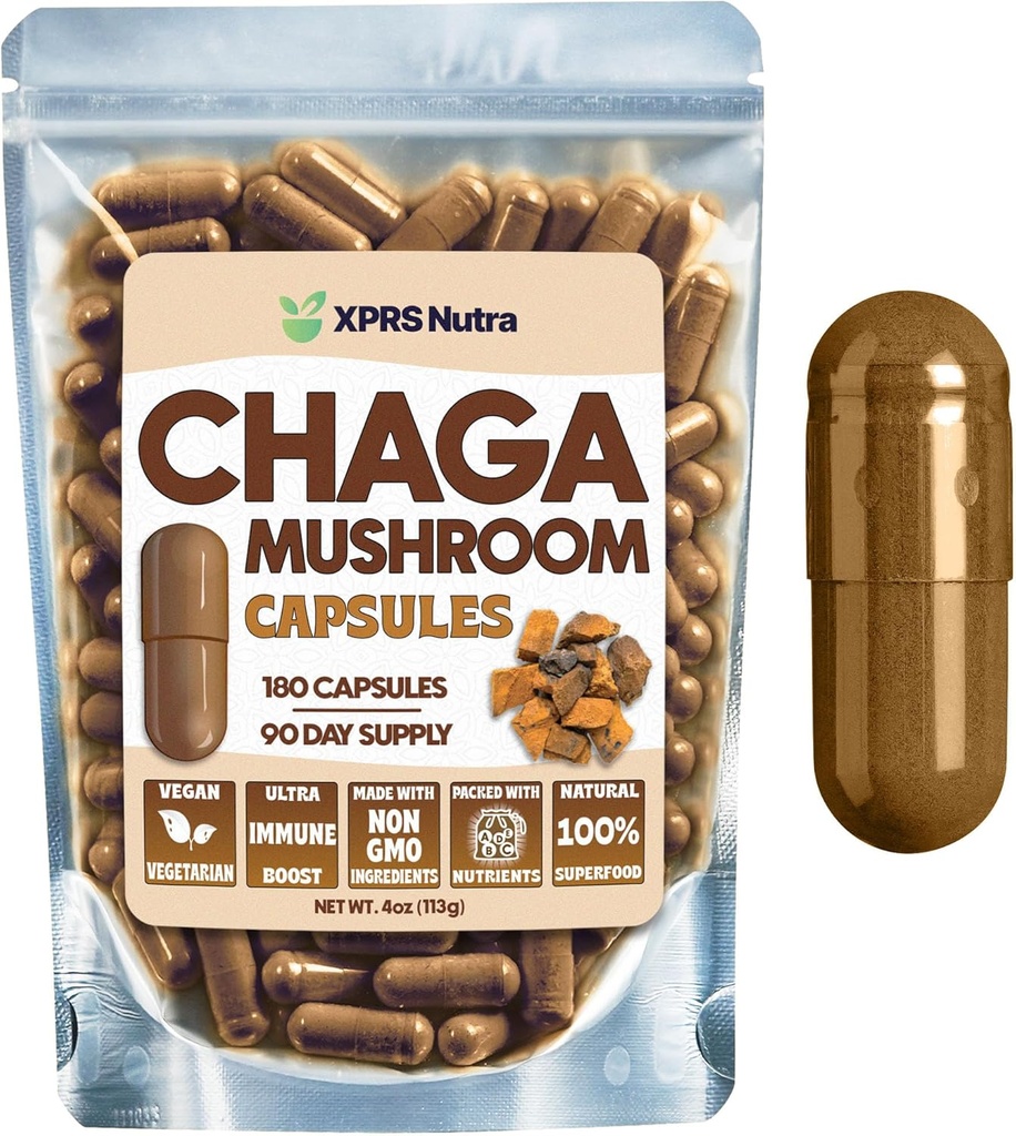 XPRS Nutra Chaga Mushroom Capsules - Premium USDA Chaga Mushrooms Capsules- Encapsulated Chaga Mushroom Powder for an Immunity Boost - Vegan Friendly Superfood for Chaga Tea and Beverages - 180 Count 2