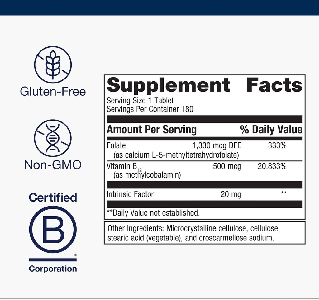 Metagenics Intrinsi Vitamin B12-Folate - with Methylcobalamin, L-5-MTHF & Intrinsic Factor - Supports Energy Metabolism, Nervous System & Heart Health - Non-GMO & Gluten-Free - 180 Tablets 5