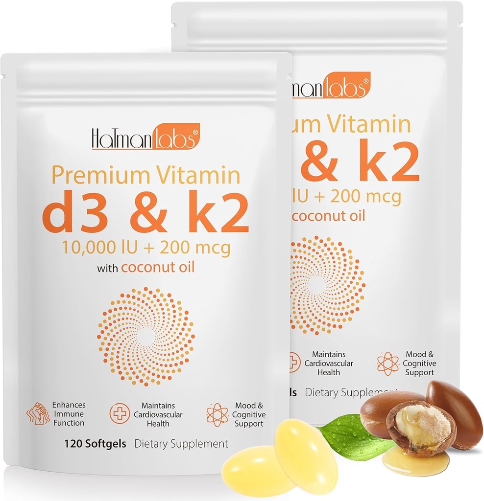 2 Bag Vitamin D3 K2 Supplement Softgel, Vitamin D3 K2 Softgel with 10000 IU Supports Immune, Heart, Teeth & Bone Health, Free of GMO, Gluten, Soy 2