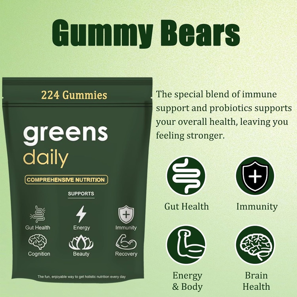Greens Gummies - Organic Chlorella and Spirulina, Digestive & Gut Health, Formulated with 60+ Ingredients, Multi-Vitamins & Minerals, Daily Gummies, 224 Gummies Bear 5