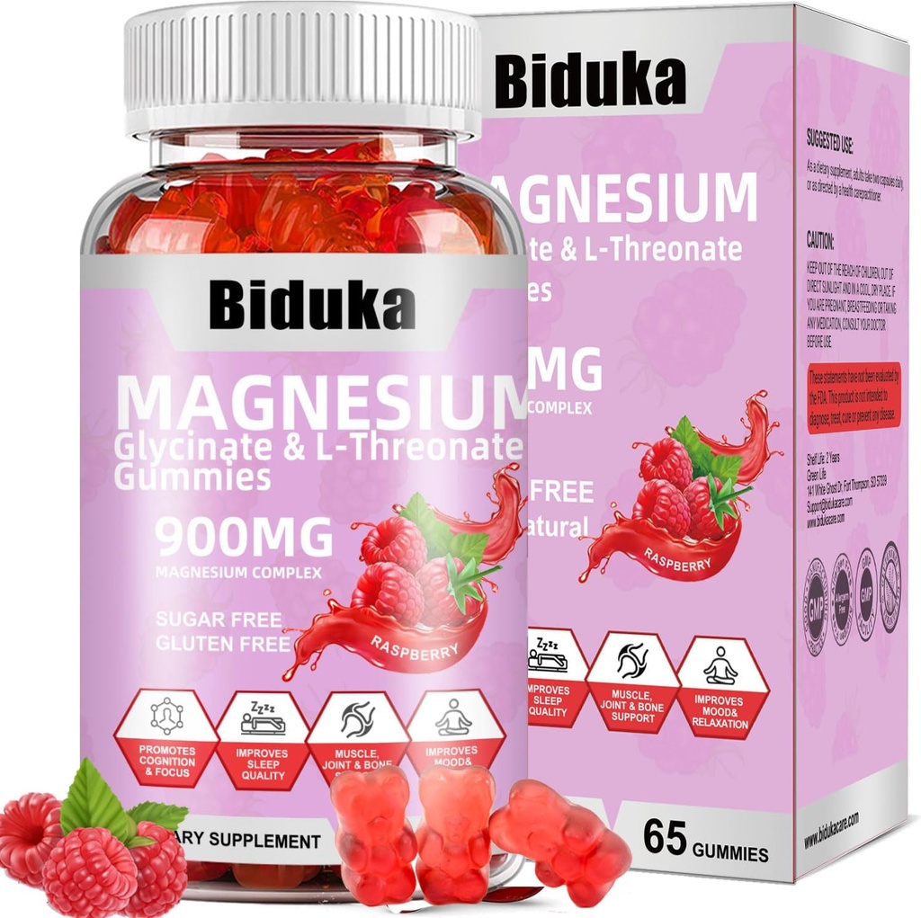 900mg Magnesium Complex 65 Raspberry Gummies, Sugar Free Magnesium Glycinate & L-Threonate Potassium Supplement with Vitamin D, B6, CoQ10 for Relaxation 2