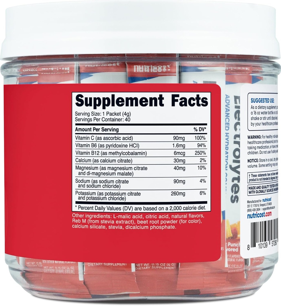 Nutricost Electrolytes Complex, Fruit Punch Flavored, 40 Stickpacks - Advanced Hydration Complex 6