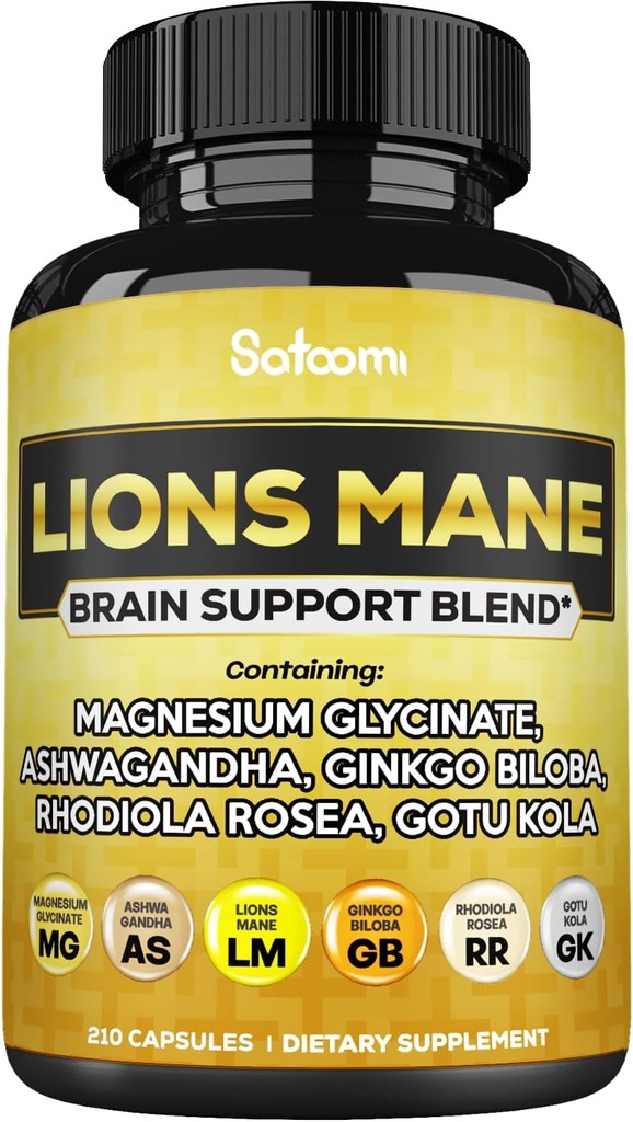 Lions Mane Supplement Capsules with Magnesium with Ashwagandha Root, Ginkgo Biloba, Rhodiola Rosea and Gotu Kola - 210 Vegan Capsules - Support Brain Health, Positive Mood & Energy Production 2