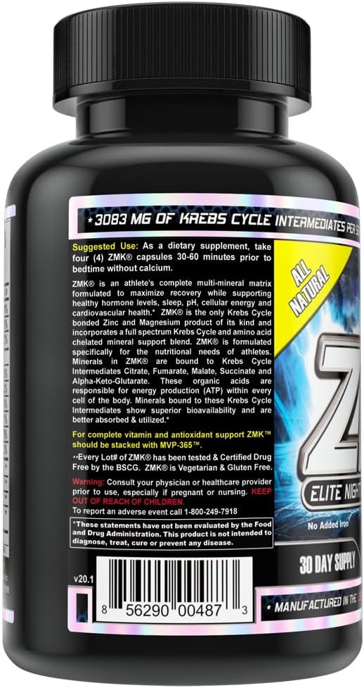 MST ZMK (Zinc & Magnesium as Krebs Chelates (as Citrate, Fumarate, Malate, Succinate, Alpha-Keto-Glutarate. With Mineral Support Blend & Trace Minerals. Support ATP, Sleep, Muscle Recovery, 120 V Caps 3