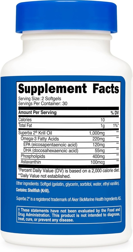 Nutricost Krill Oil 1000mg; 60 Liquid Softgels (2 Bottles) - Omega-3 EPA-DHA 6