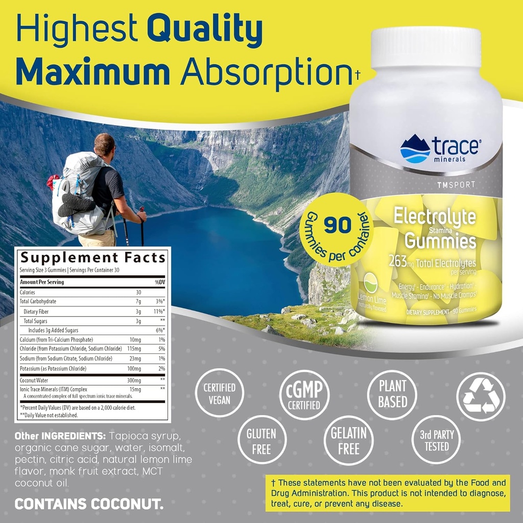 Trace Minerals Electrolyte Stamina Gummies - Convenient Electrolyte Supplement That Supports Hydration - Supports Optimal Energy - Muscle Stamina - Vegan - Lemon Lime - 90 Count (30 Servings) 3