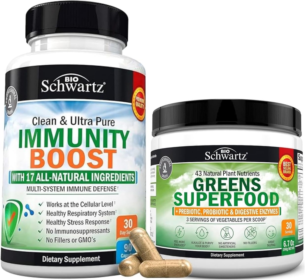 Super Greens Powder with Probiotics Prebiotics and Digestive Enzymes (30 Servings) Plus 17 in 1 Immune Support Supplement with Antioxidants (1 Month Supply) 2