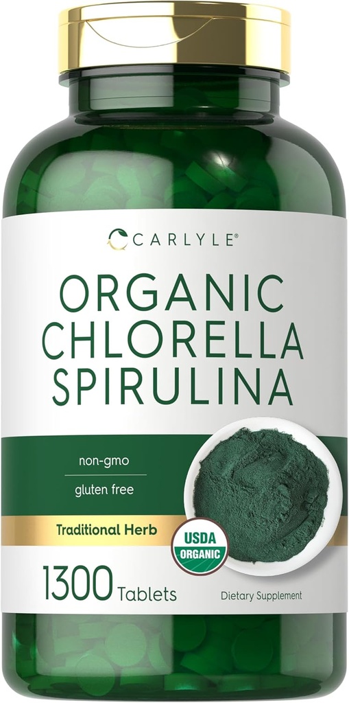 Carlyle Organic Chlorella Spirulina Tablets | 1300 Count | 50/50 Blend | Non-GMO and Gluten Free Supplement 2