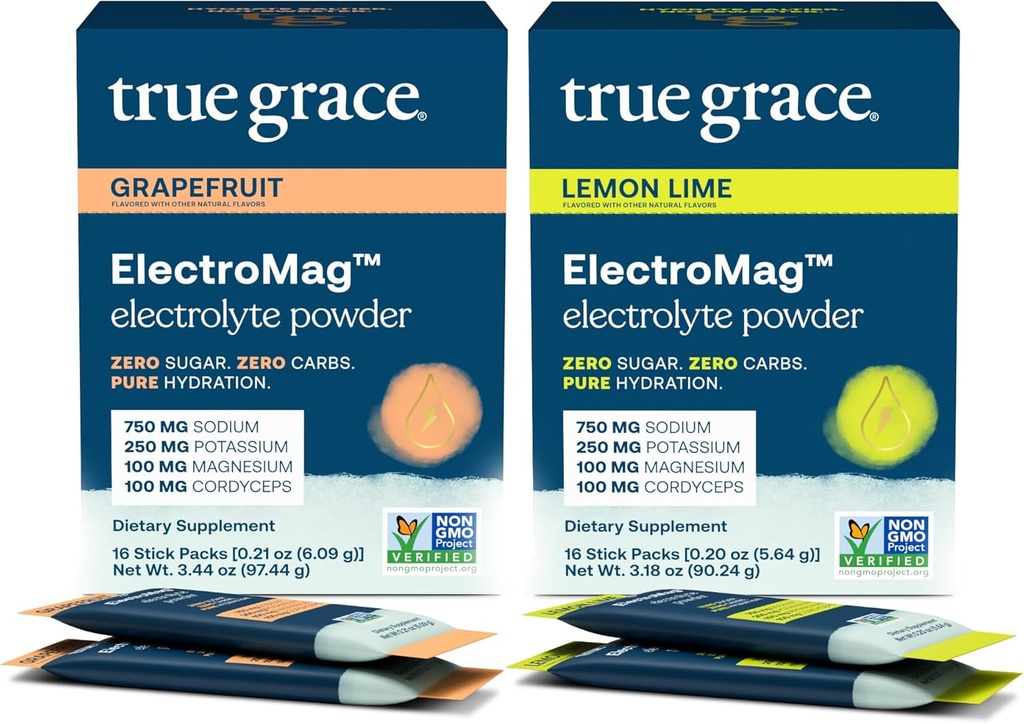 True Grace ElectroMag - Grapefruit (16 Stick Packs) + Lemon Lime (16 Stick Packs) - Electrolyte Powder for Rapid Hydration - Zero Sugar & Carbs - Non-GMO - 32 Total Servings 2