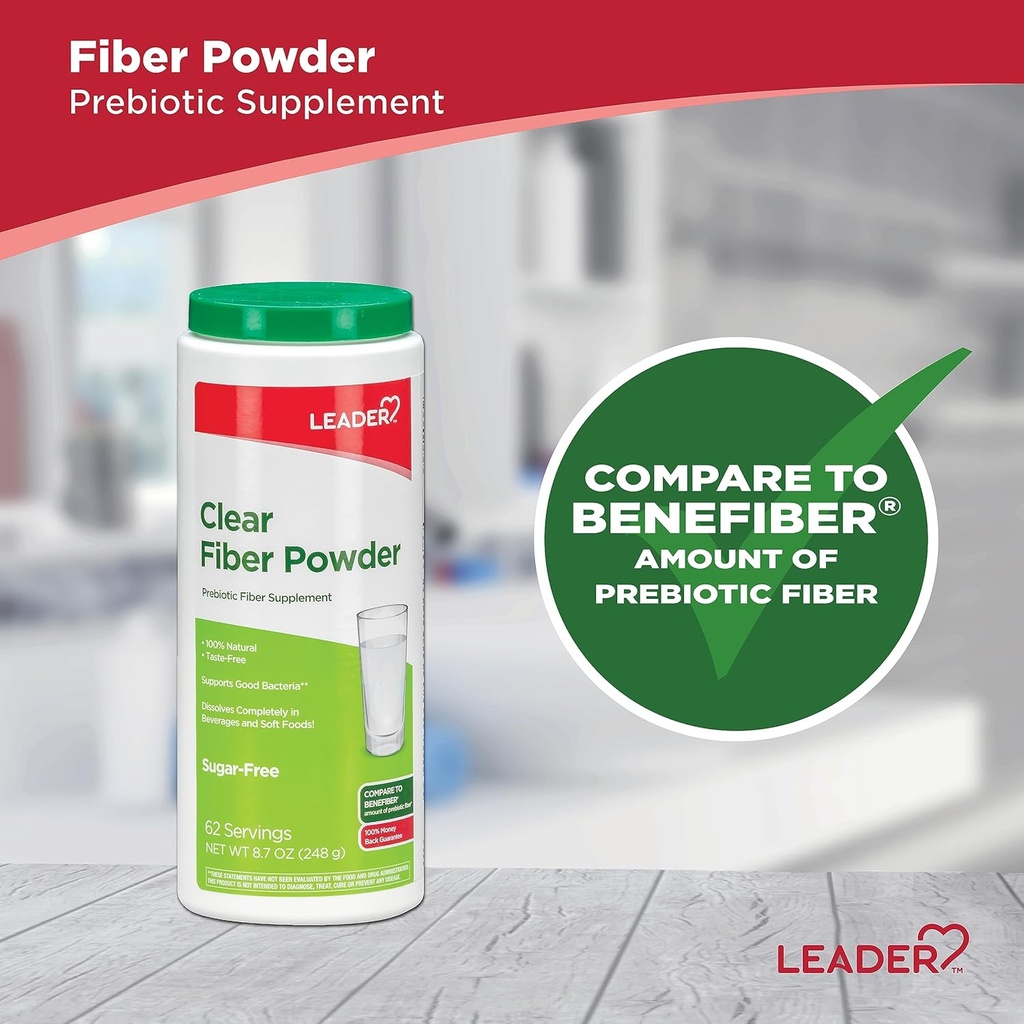 Leader Prebiotic Fiber Supplement Powder for Digestive Health, 100% Natural Daily Fiber Powder, Sugar-Free, Taste-Free, Gluten Free, Non-GMO, Unflavored, 62 Servings (8.7 OZ) (Pack of 1) 5
