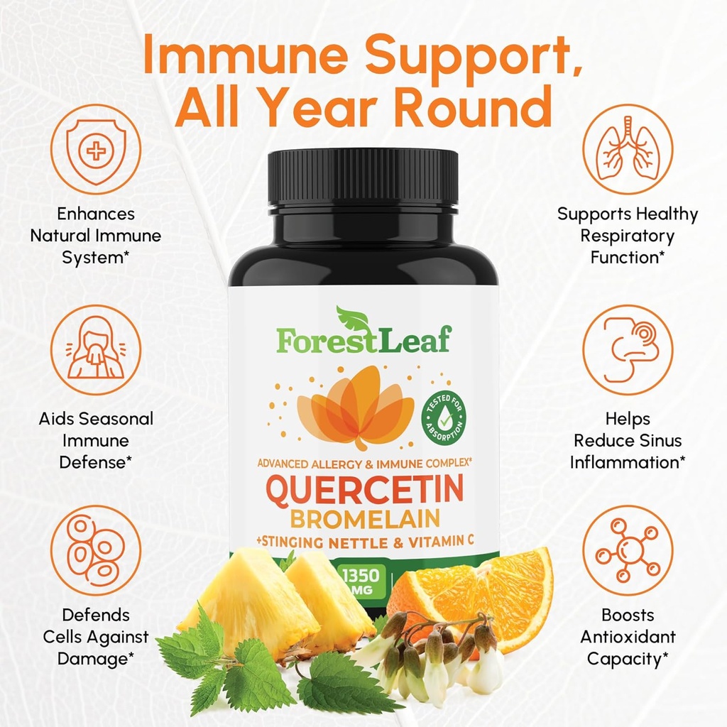ForestLeaf Quercetin with Bromelain - 1350mg Blend with Vitamin C & Stinging Nettle, Advanced Quercetin 500mg Supplement, Non-GMO Gluten Free, Natural Immune & Respiratory Function 180 Veggie Capsules 3