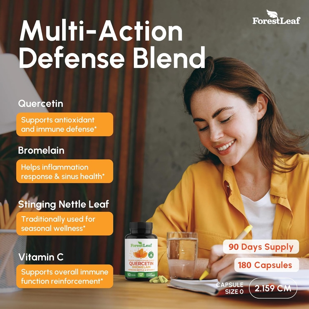 ForestLeaf Quercetin with Bromelain - 1350mg Blend with Vitamin C & Stinging Nettle, Advanced Quercetin 500mg Supplement, Non-GMO Gluten Free, Natural Immune & Respiratory Function 180 Veggie Capsules 5