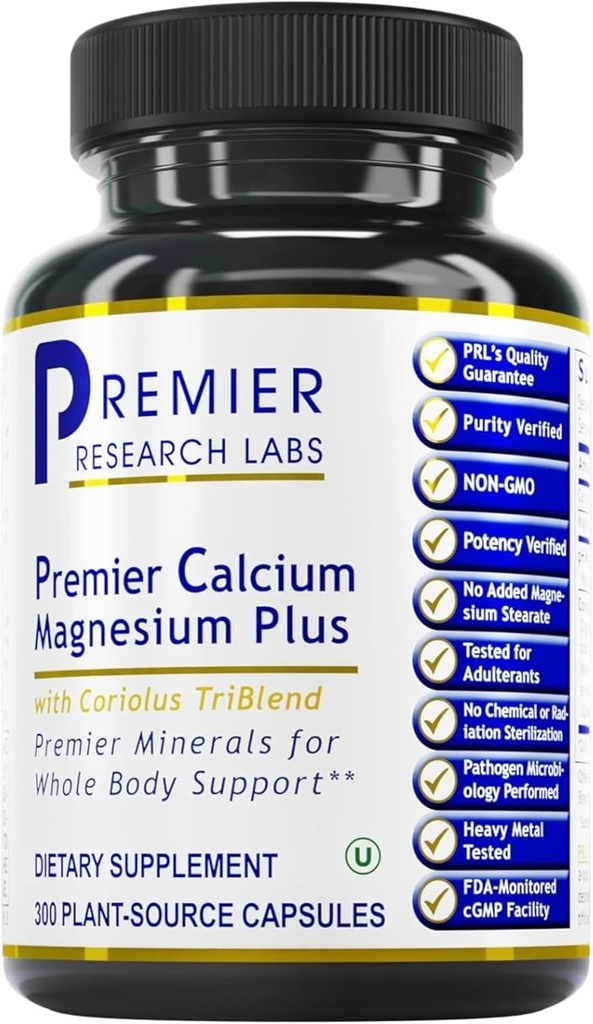Premier Research Labs Calcium Magnesium Plus - Calcium Magnesium Supplement, Calcium Supplement, Pure Magnesium, Mushroom Complex with Reishi & Lions Mane - 300 Vegetarian Capsules 2